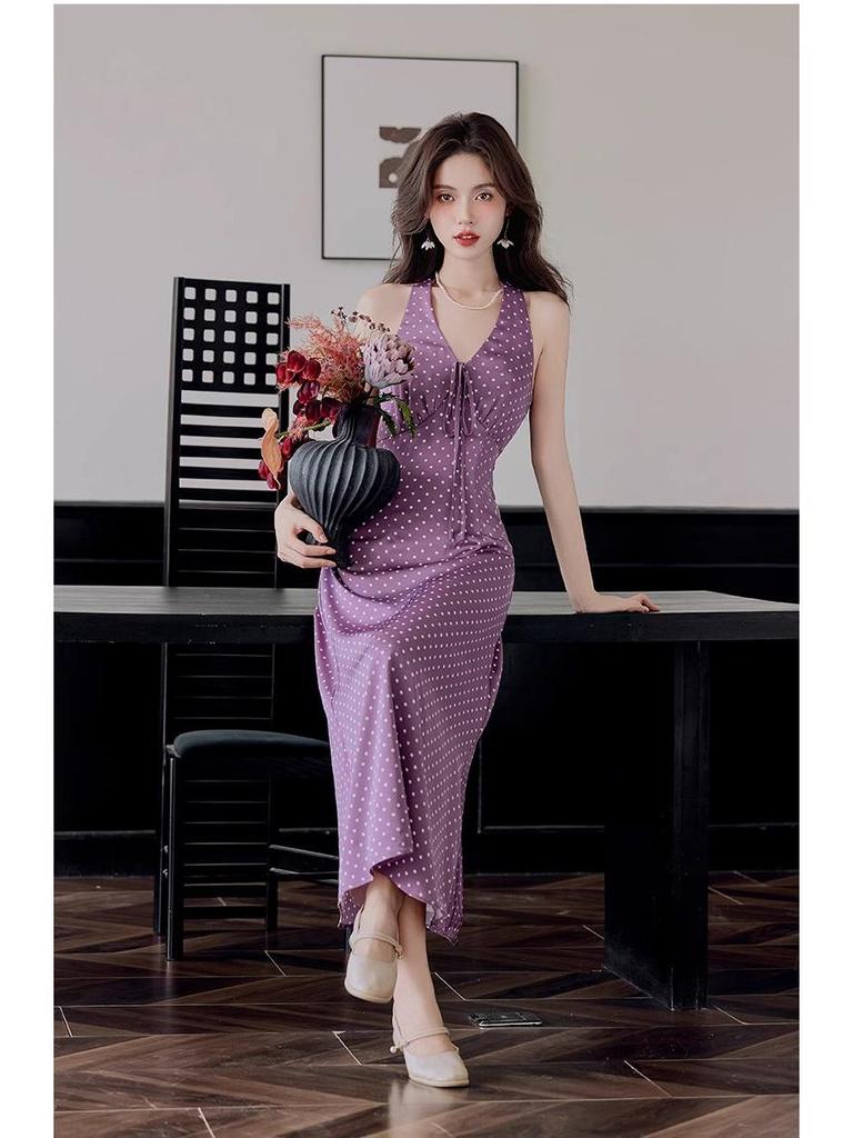 Elegant Purple Polka Dot V-Neck Halter Dress - French Retro Hong Kong Style, Slim Fit, Summer Vacation Wear