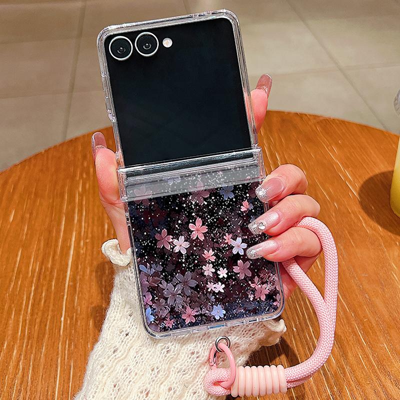 Cherry Blossom Lanyard Phone Case For Samsung Galaxy Z Flip 7 FE 6 5 4 3 5G Folding Hard Clear Cover For Samsung Z Flip7 Flip6