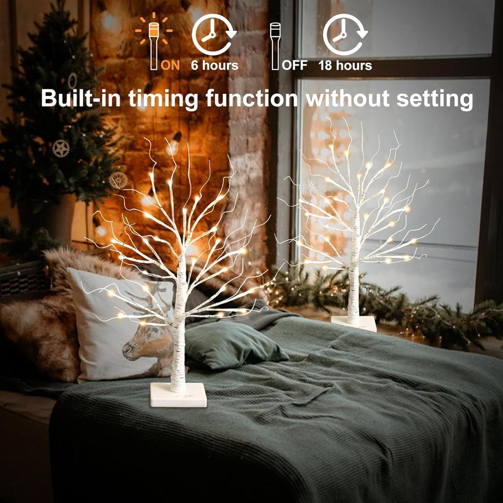 White Birch Tree with LED Lights, Lighted Birch Tree for Tabletop, USB/Battery Operated 24 LED Warm White Tree, 2FT Mini Christmas Tree Decor for