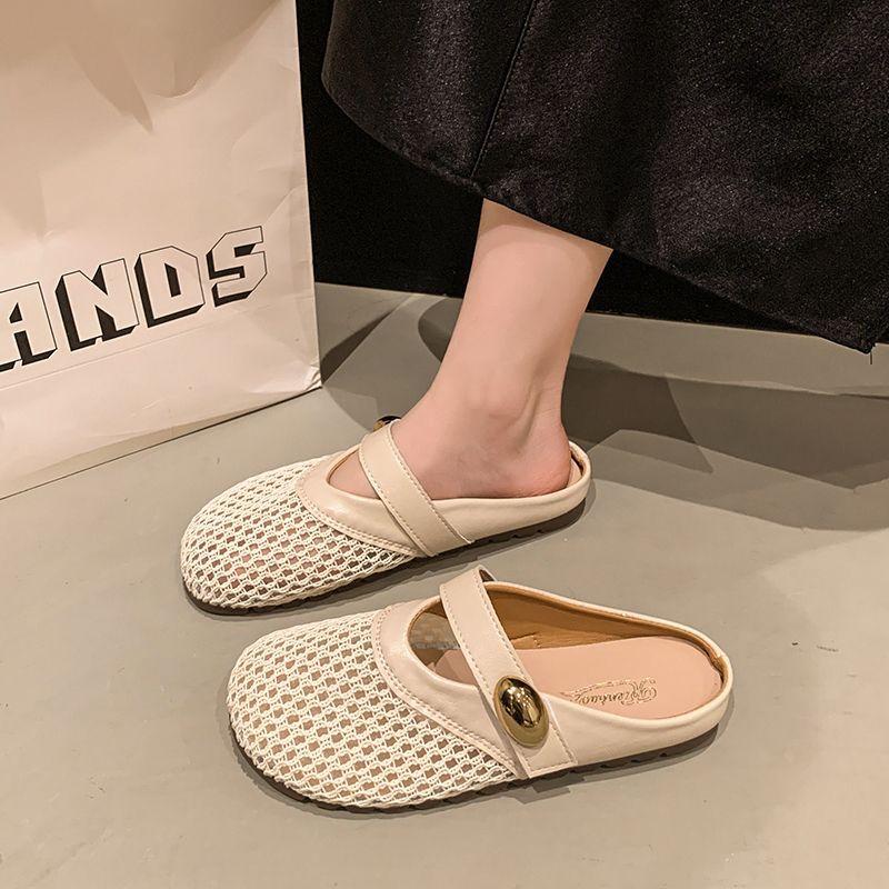 Flat-bottomed French bag head, half slippers, outer wear women's shoes, spring and summer 2025 new mesh breathable and comfortable soft-soled sandals