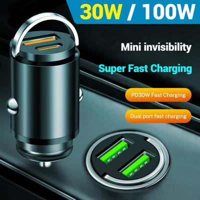 Chargeur de voiture en alliage d'aluminium PD30W, mini anneau de traction, chargeur de voiture 100W, allume-cigare