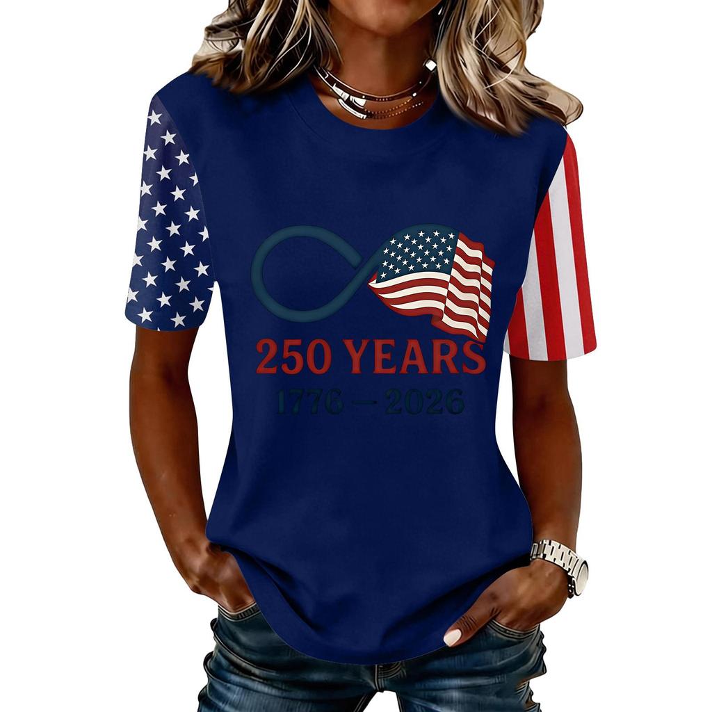 Blusa Feminina da Moda Casual de Manga Curta com Estampa e Gola Redonda