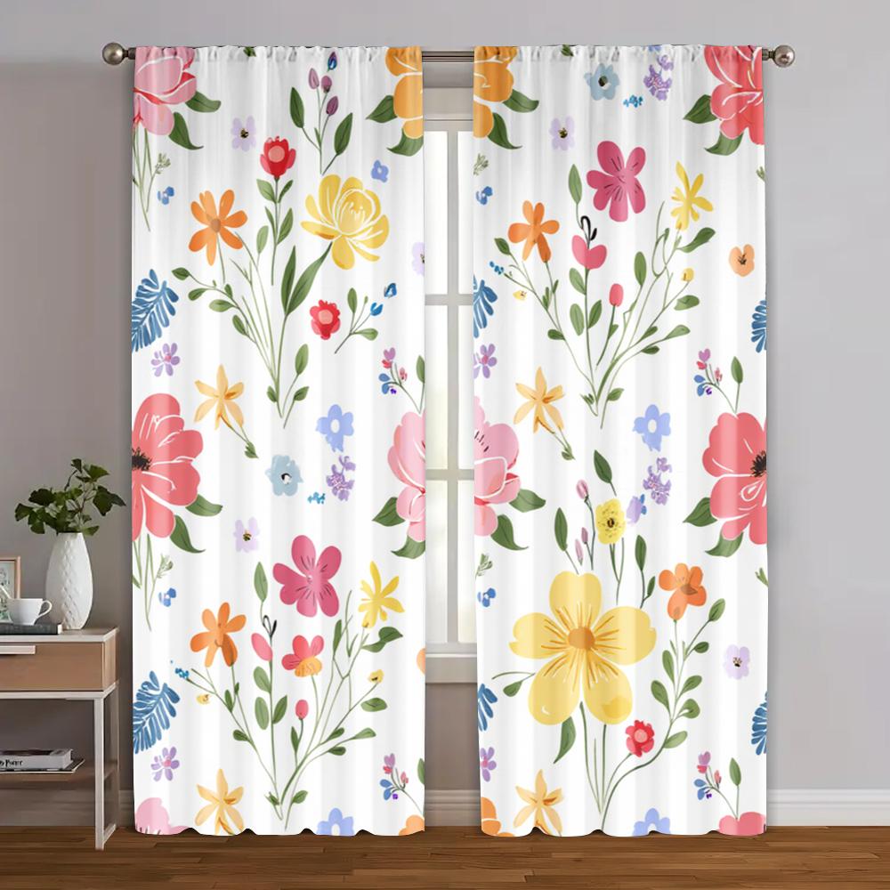2pcs, Minimalist Curtains Vibrant Colorful Flowers Versatile Polyester (without Rod) Decorations For Home Perfect for Bedroom &