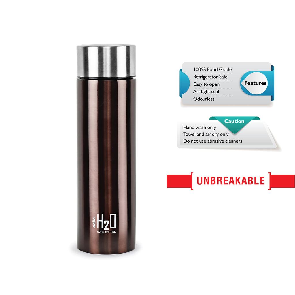 Cello Stainless Steel Leakproof Water Bottle 1000ml Brown For Gym Travel Office