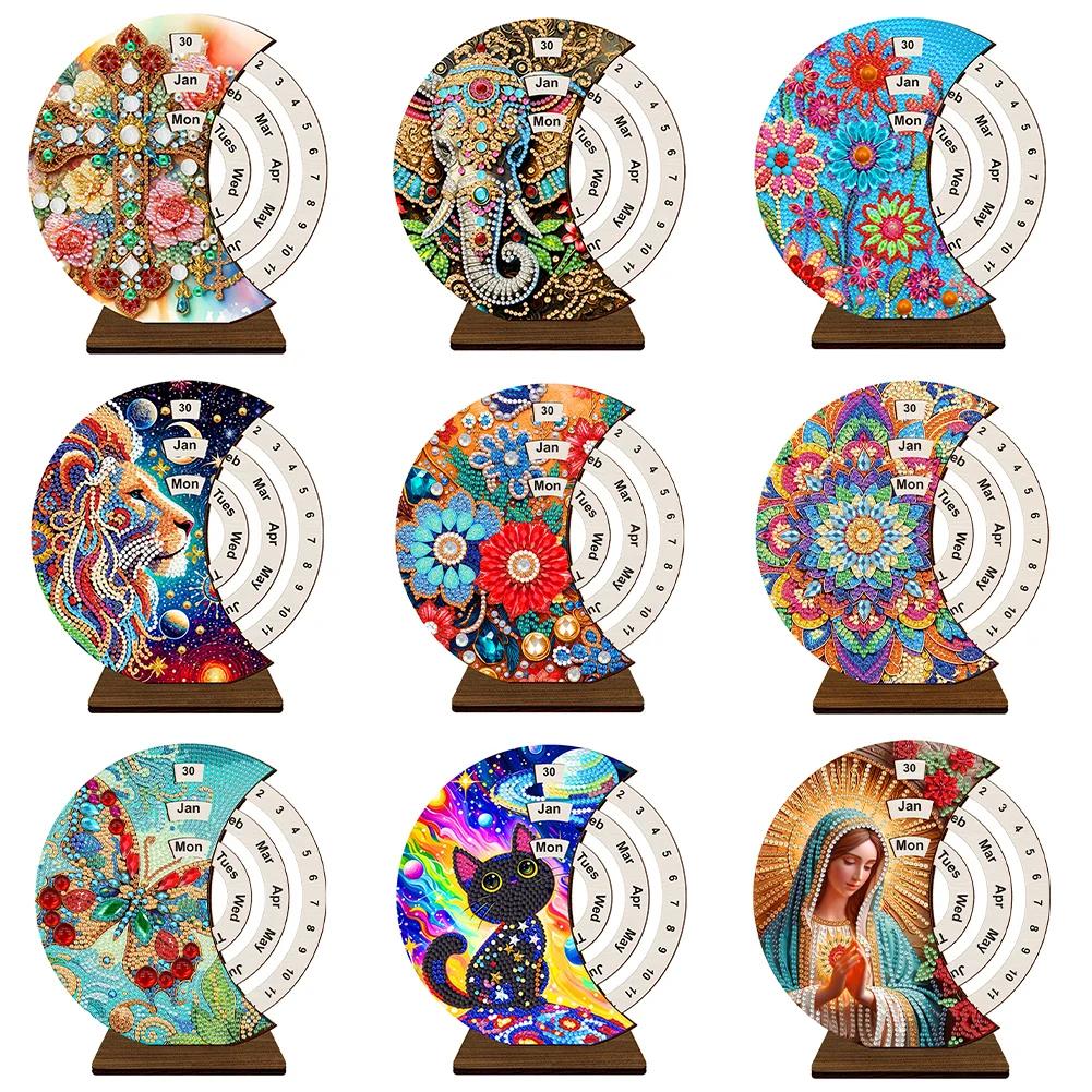 Wooden Special Shaped DIY Diamond Painting Moon Perpetual Calendar Diamond Handmade Rotating Calendar Desk Decor for Beginners