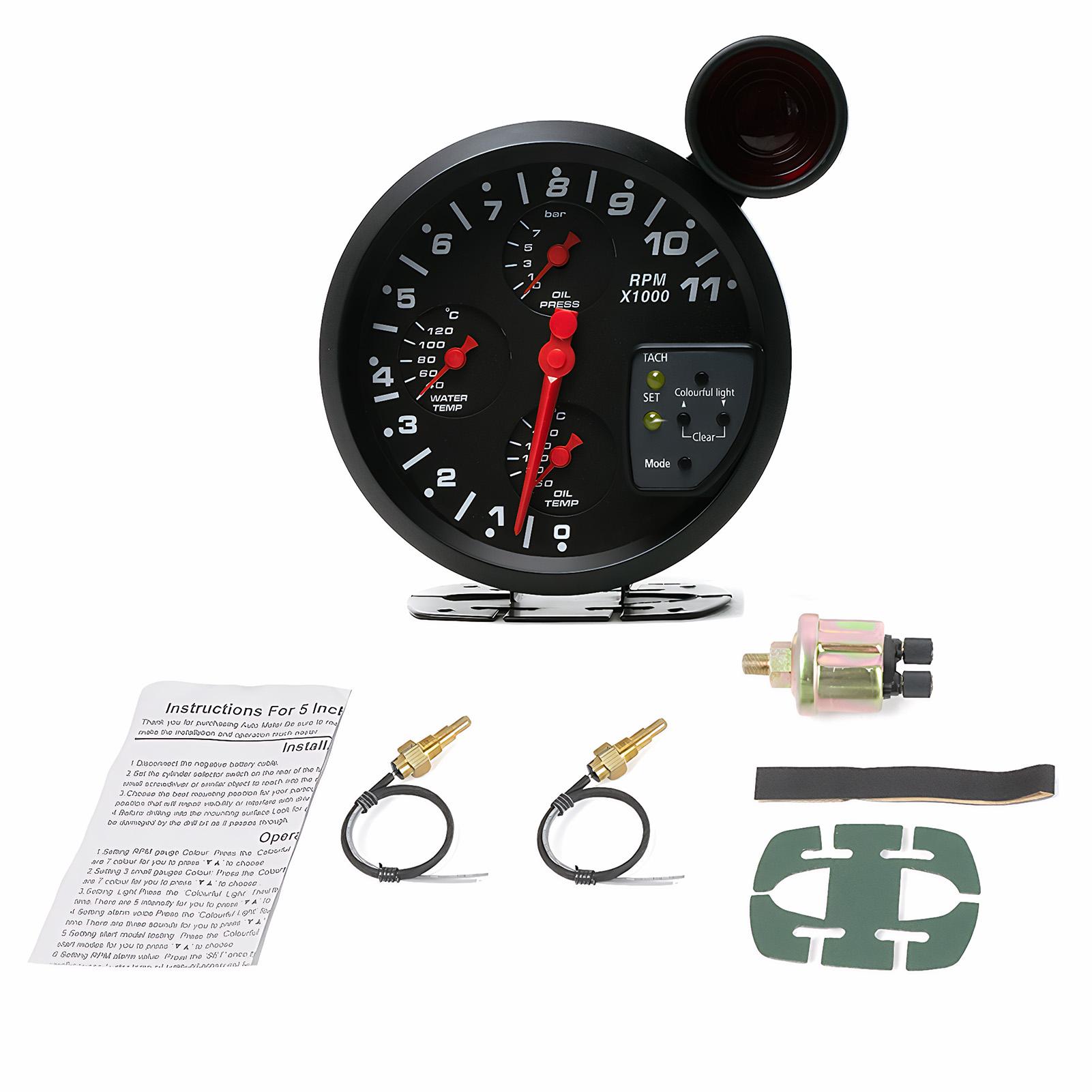 

12V 5 Car Gauge 4-in-1 Tachometer Water Temperature Oil Temperature Oil Pressure Gauges Multifunctional Gauge Alarm Function чёрный