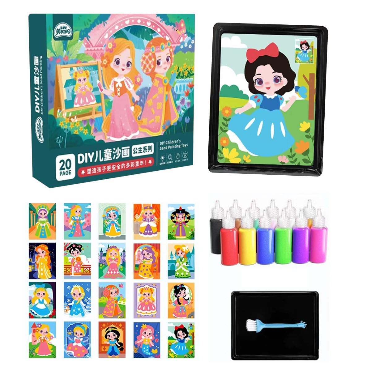 Sand Painting Kit, Kids Art Set, DIY, Colorful Sand Art, Peel & Stick, 12 Colors of Sand, 20 Adhesive Templates, 1 Tray, 1 Creative Play Brush,