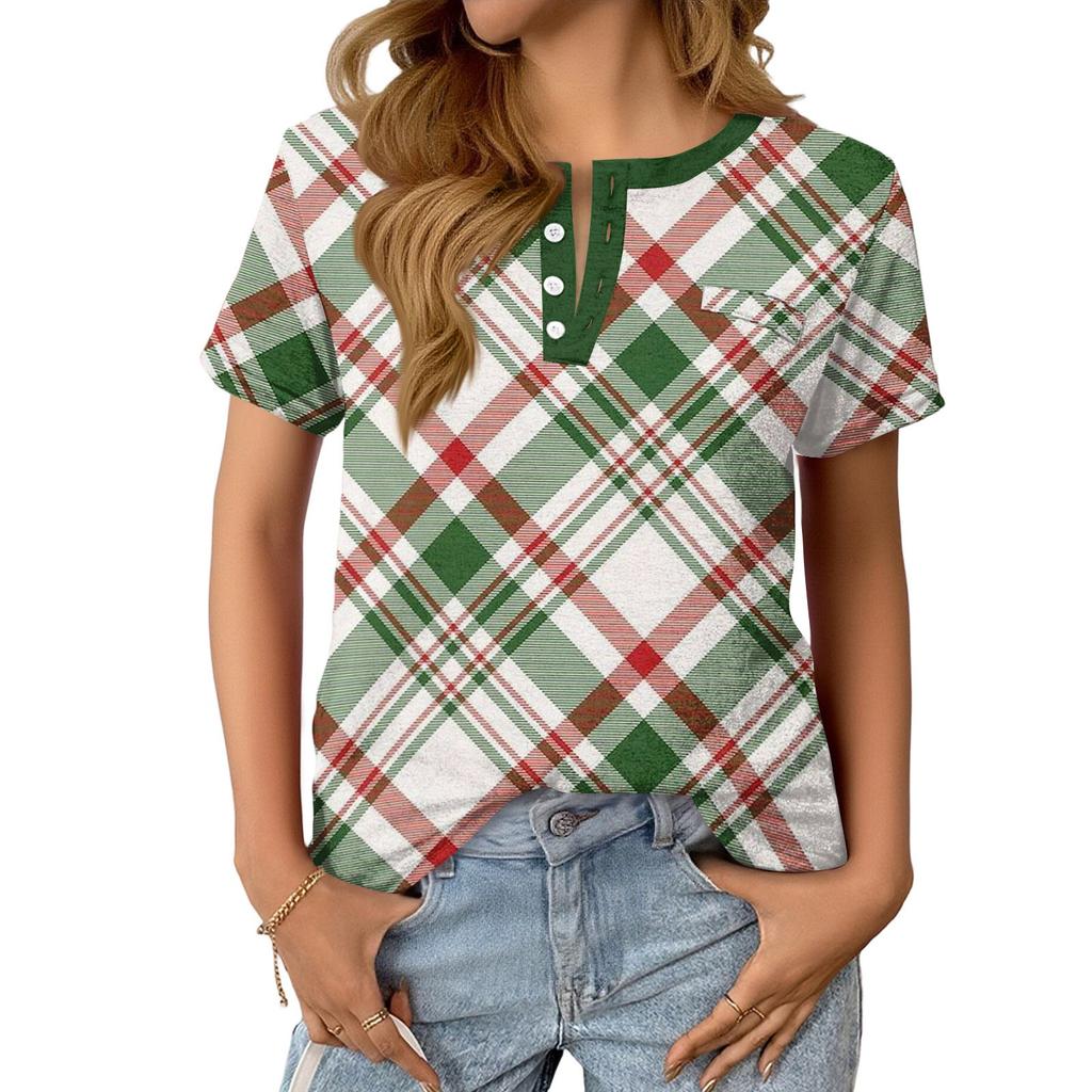 Dámský Módní Ležérní Letní Kostkovaný V-výstřih Knoflíky Krátký Rukáv Top