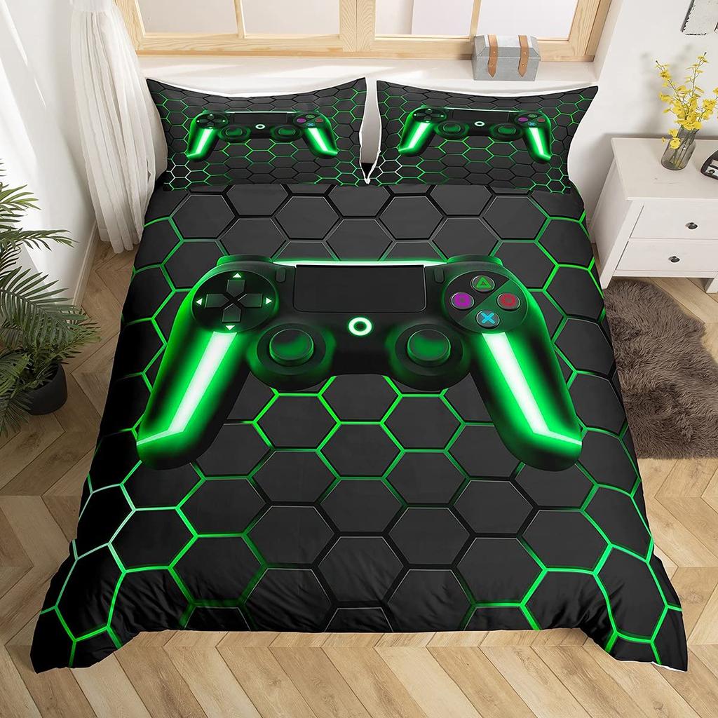 3D Geometrická sada povlaku na přikrývku velikosti Full, Geometrické ložní prádlo Včelí plástev Šestiúhelník S růžovými modrými neonovými světly Sada povlaku na přikrývku