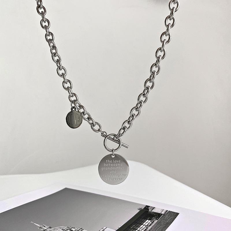 Letter Titanium Steel Necklace Tide Round Brand Pendant Collar Hip Hop Men's Collarbone Chain Pendant Necklace Pendant Accessories