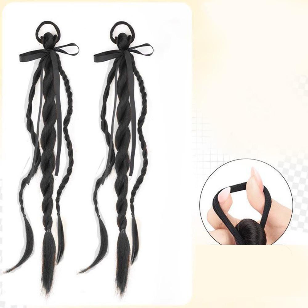 Synthetic Wig Double Twist Braid Head Rope Ribbon Female Sweet Natural College Style Bow Tie  Double Ponytail Wig Head Rope