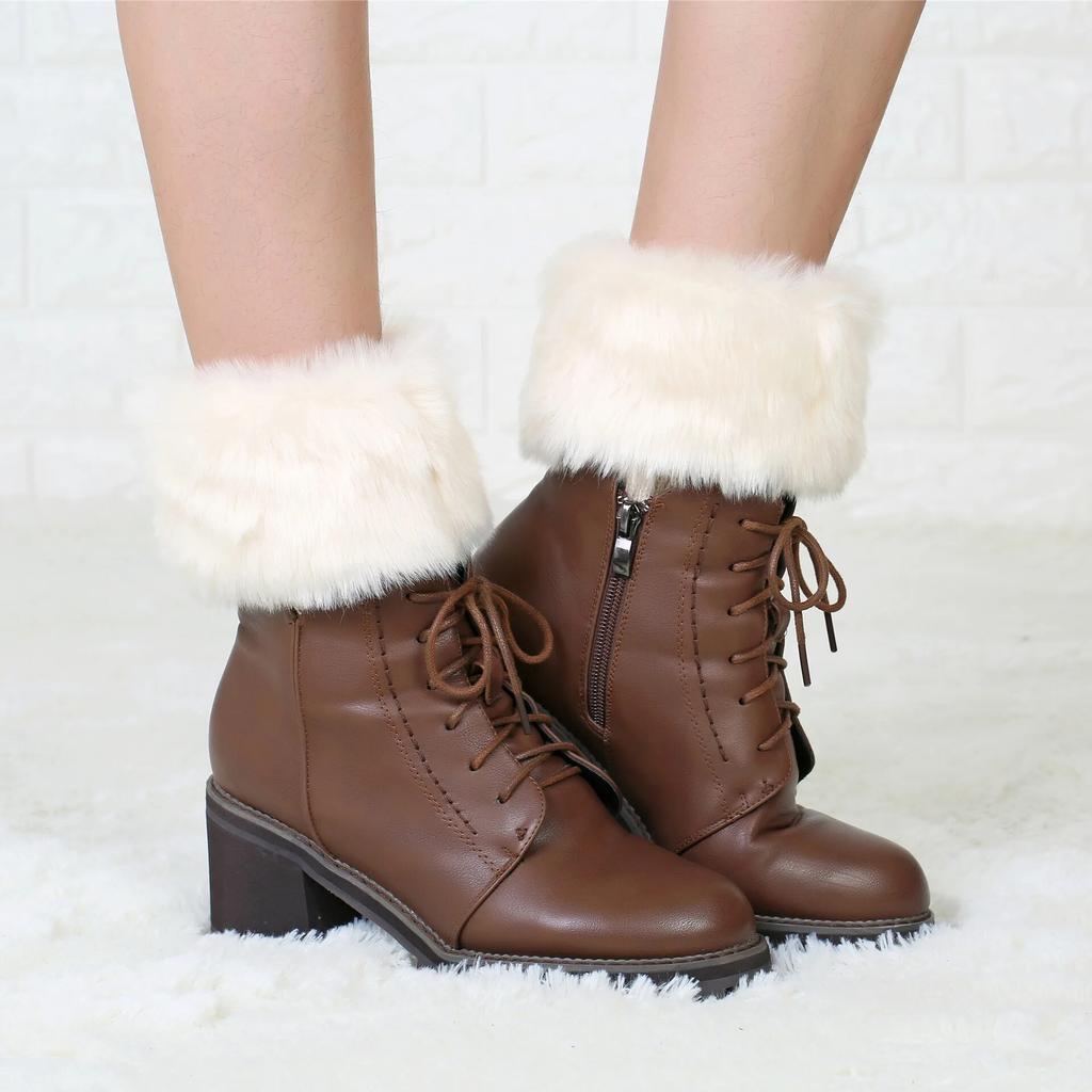 Women Leg Warmers Winter Autumn Lady Crochet Knitted Fur Trim Leg Boat Socks Thick Boot Cuffs Ankle Warm Foot Cover