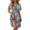 Women's Fashion Short Sleeve Wrap Sundress V-Neck Floral Print Dresses