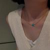 Classic ethnic style blue turquoise heart-shaped pendant round beads necklace light luxury banquet clavicle chain jewelry gift