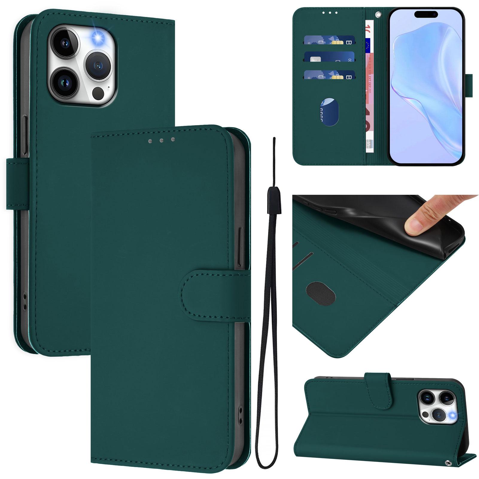 

For iPhone 15 Pro Max Case Solid Color Wallet Leather Phone Cover with Strap E