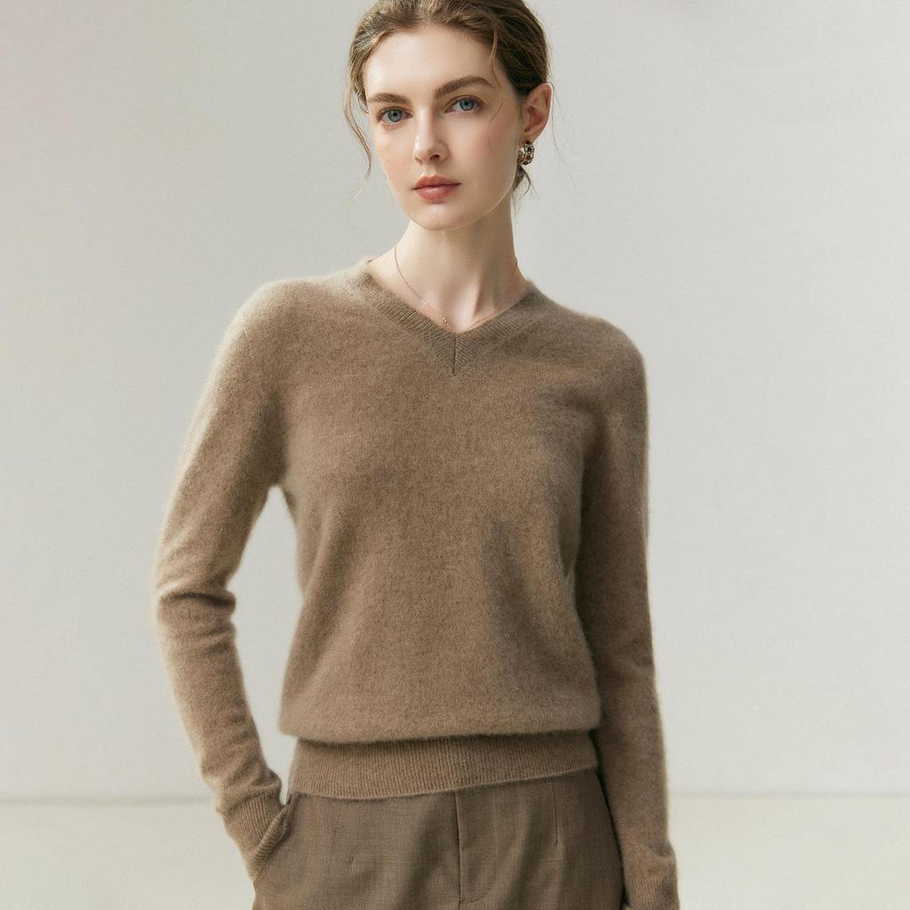 Women's 100% Cashmere V-Neck Knit Sweater - Warm, Loose, Long Sleeve Pullover for Autumn/Winter