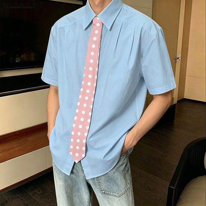 INCERUN Oversized Men Tie Neck Short Sleeve Button Up Casual Loose Shirts Tops
