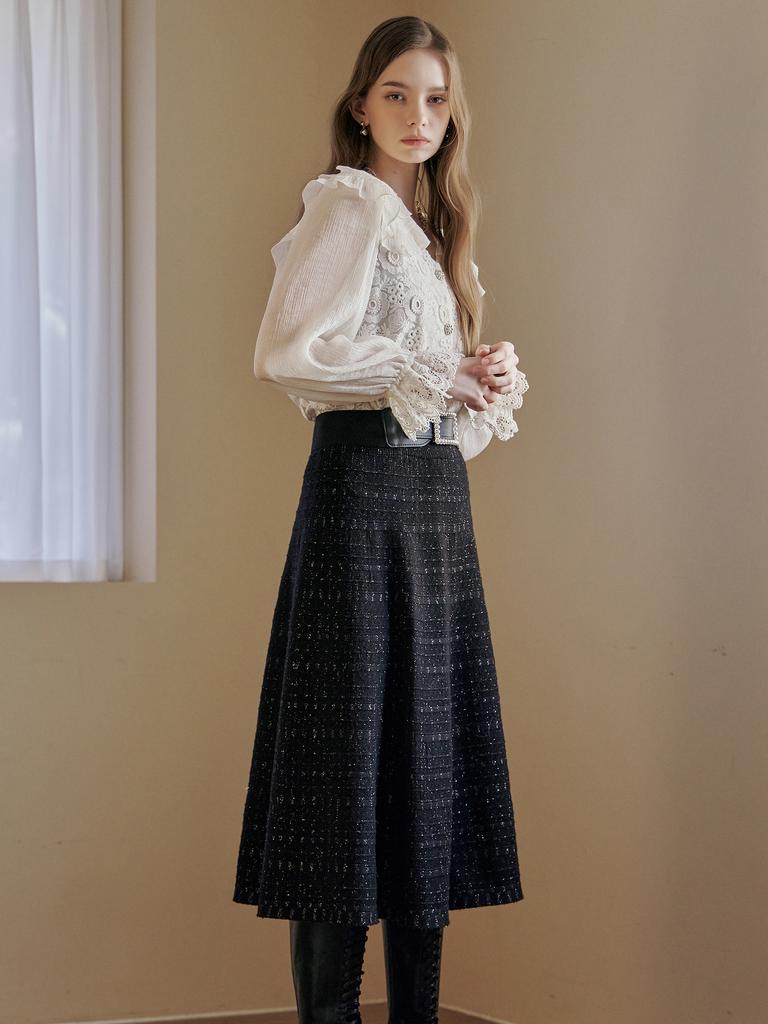 Maja Metal Mix Tweed Knit Flare Long Skirt