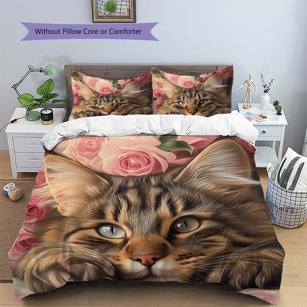 Maine Coon and Rose Pattern Bedding Home Decoration Birthday Gift (1 * duvet cover + 2 * pillowcase, without core)
