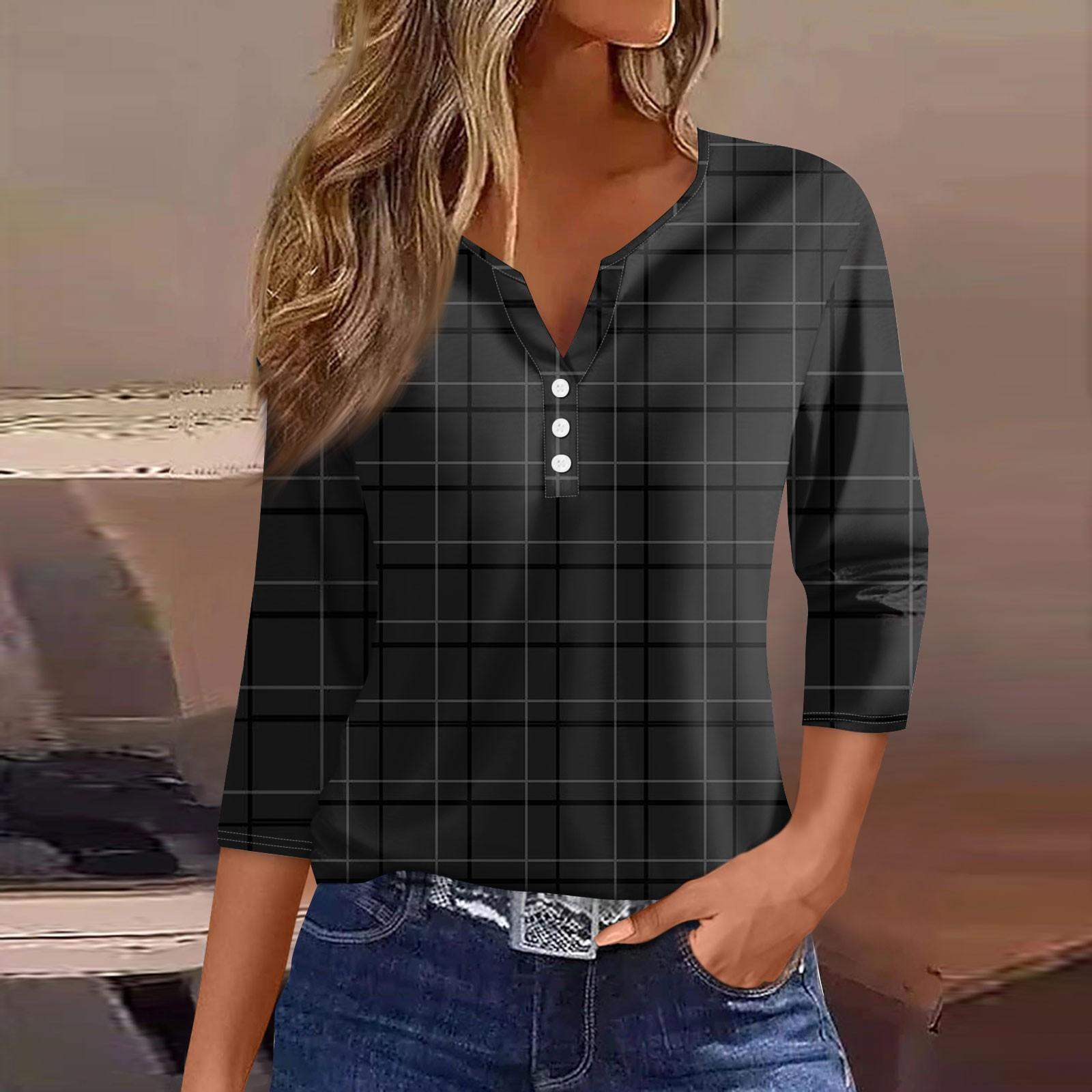 

Женская модная повседневная футболка с v-образным вырезом и семью рукавами, топ на пуговицах с градиентным принтом L чёрный