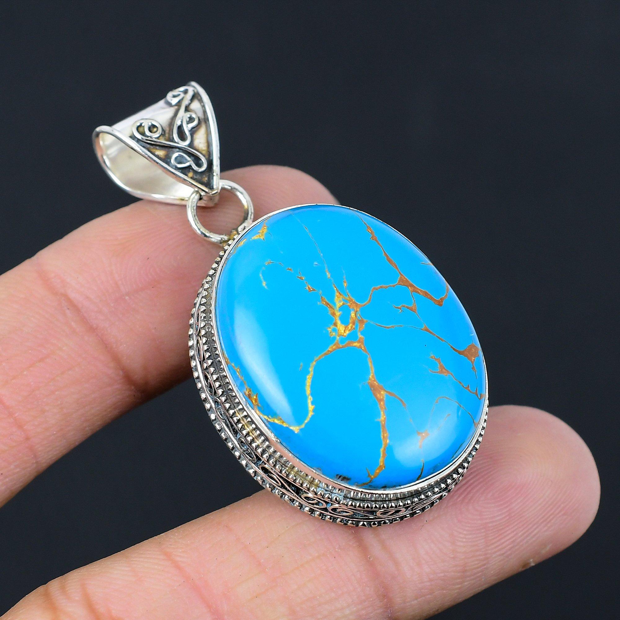 Daughters Day Sale Copper Blue Turquoise Gemstone 925 Sterling Silver Pendant