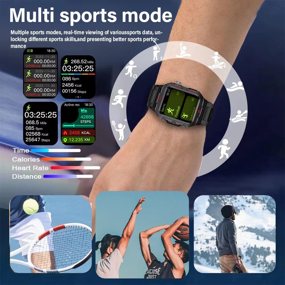 New Men's Smart Watch Outdoor Sports Watch 1.85 Inch Voice Assistant Bluetooth Call LED Flashlight Smartwatch