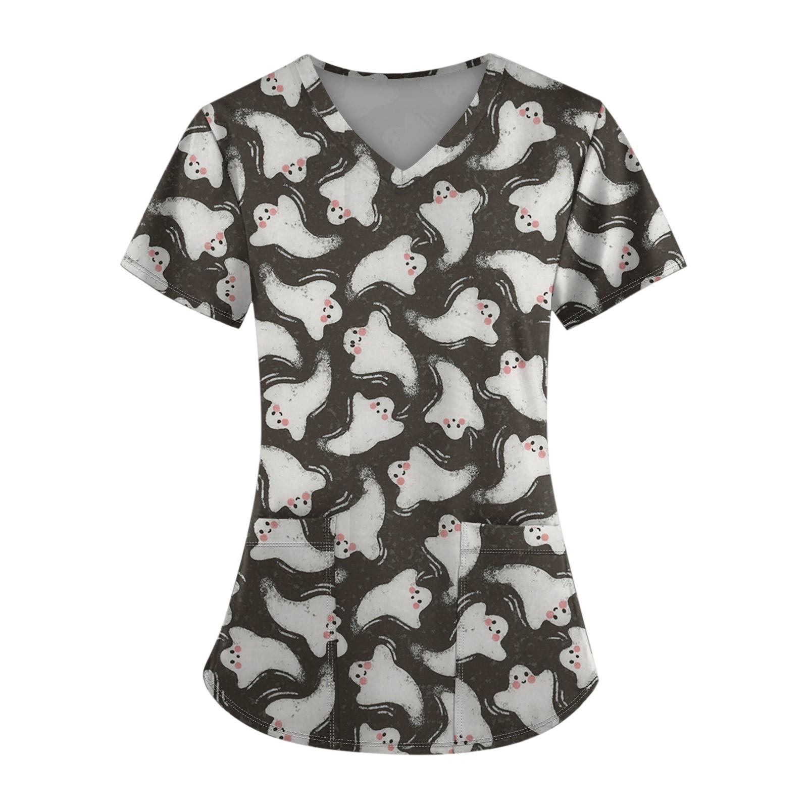 

Плюс размерСкраб с принтом Рабочая форма Топы для женщин Крест V-образным вырезом Хэллоуин Принт с короткими рукавами Забавные футболки Спецодежда Футболка с карманами XL верблюд