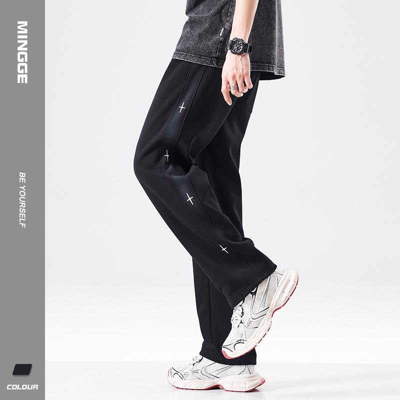 Minger | Spring New Cross Embroidery Heavy Sweatpants Men's American Trend Brand Loose Wide Leg Straight Pants