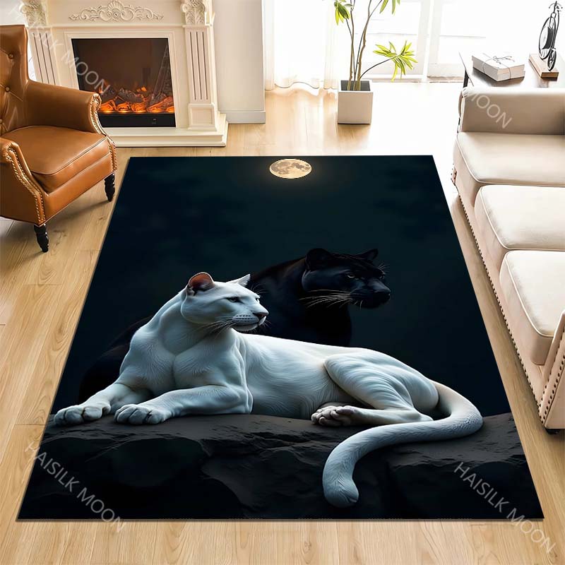 1PC White and Black Panthers Under Moon Carpet for Living Room Bedroom Sofa Home Decor Rus Non-slip Floor Mat Luxury Gift