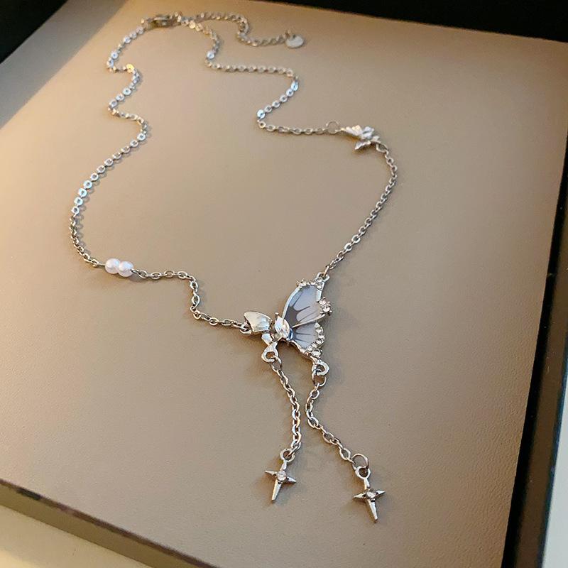 Cold Butterfly Tassel Pearl Necklace Women s Summer 2024 New Clavicle Chain Sweet Cool Versatile Temperament Girlfriend Accessories