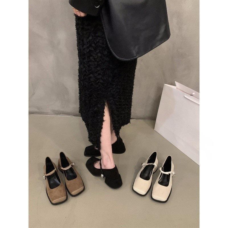 High heels black Mary Jane small leather shoes women's shoes spring autumn and winter retro square head French evening shoes