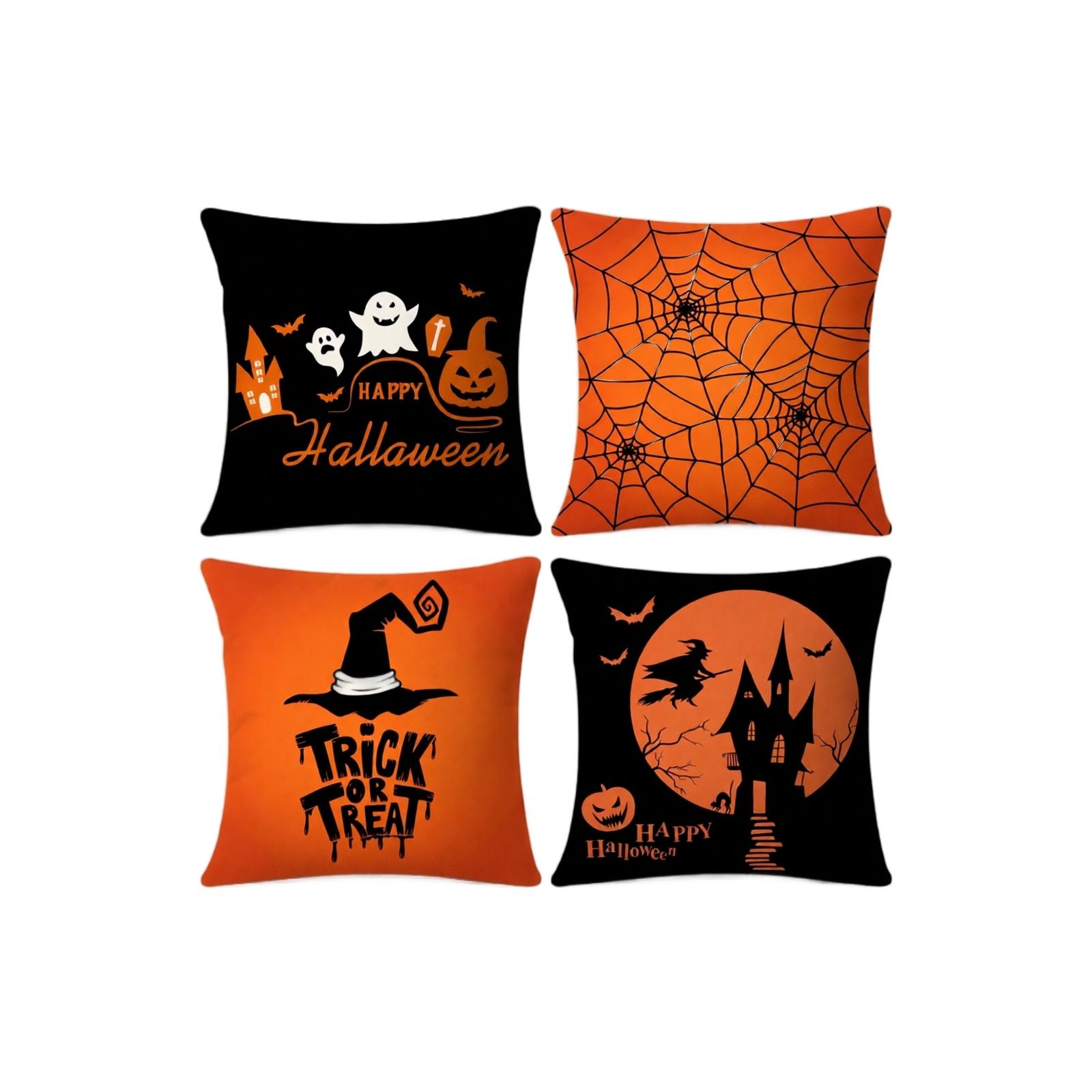 4PCS Halloween Pillow Covers Linen Decorative Cushion Covers Halloween Themed Throw Pillow Cases for Home Sofa Bedroom Living Room one size