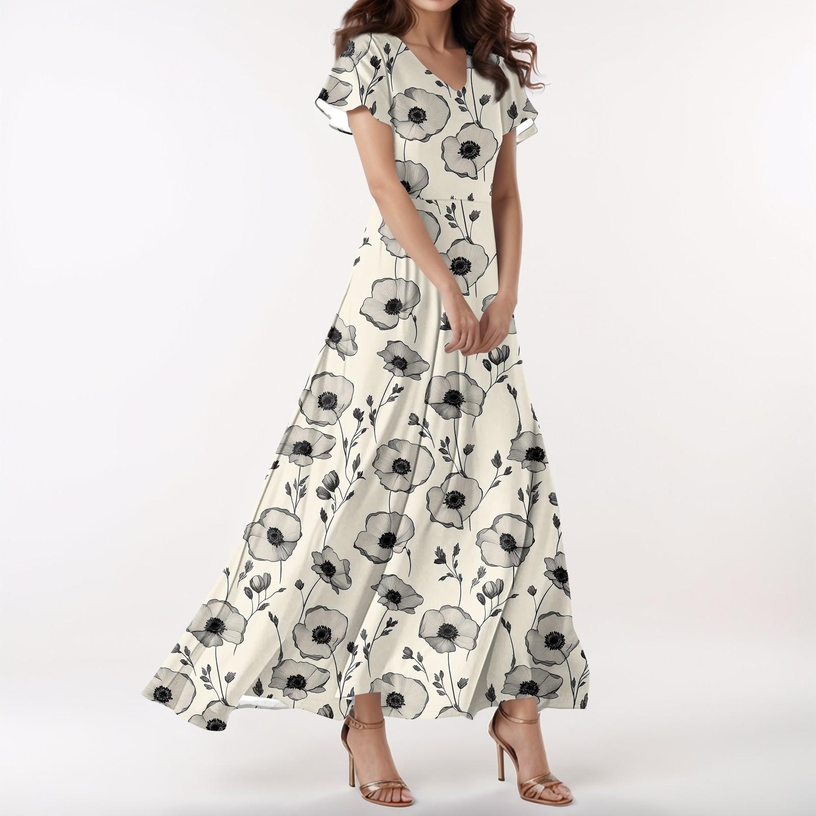 

Женское повседневное платье с V-образным вырезом, коротким рукавом, высокой талией и принтом в виде цветов и листьев в стиле ретро XL белый