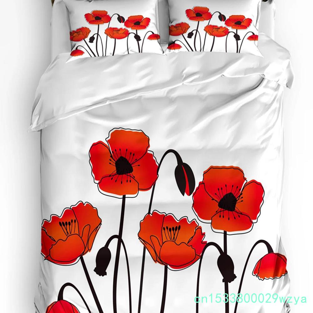Red Poppy Flower Plant Nature 3pcs Bedding Set For Bedroom Double Bed Home Textile Duvet Cover Quilt Cover Pillowcase