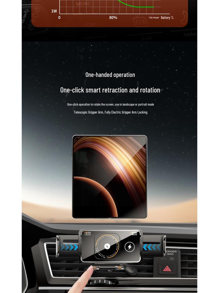 Universal Foldable Car Vent Phone Holder with Electric Rotation and Wireless Charging