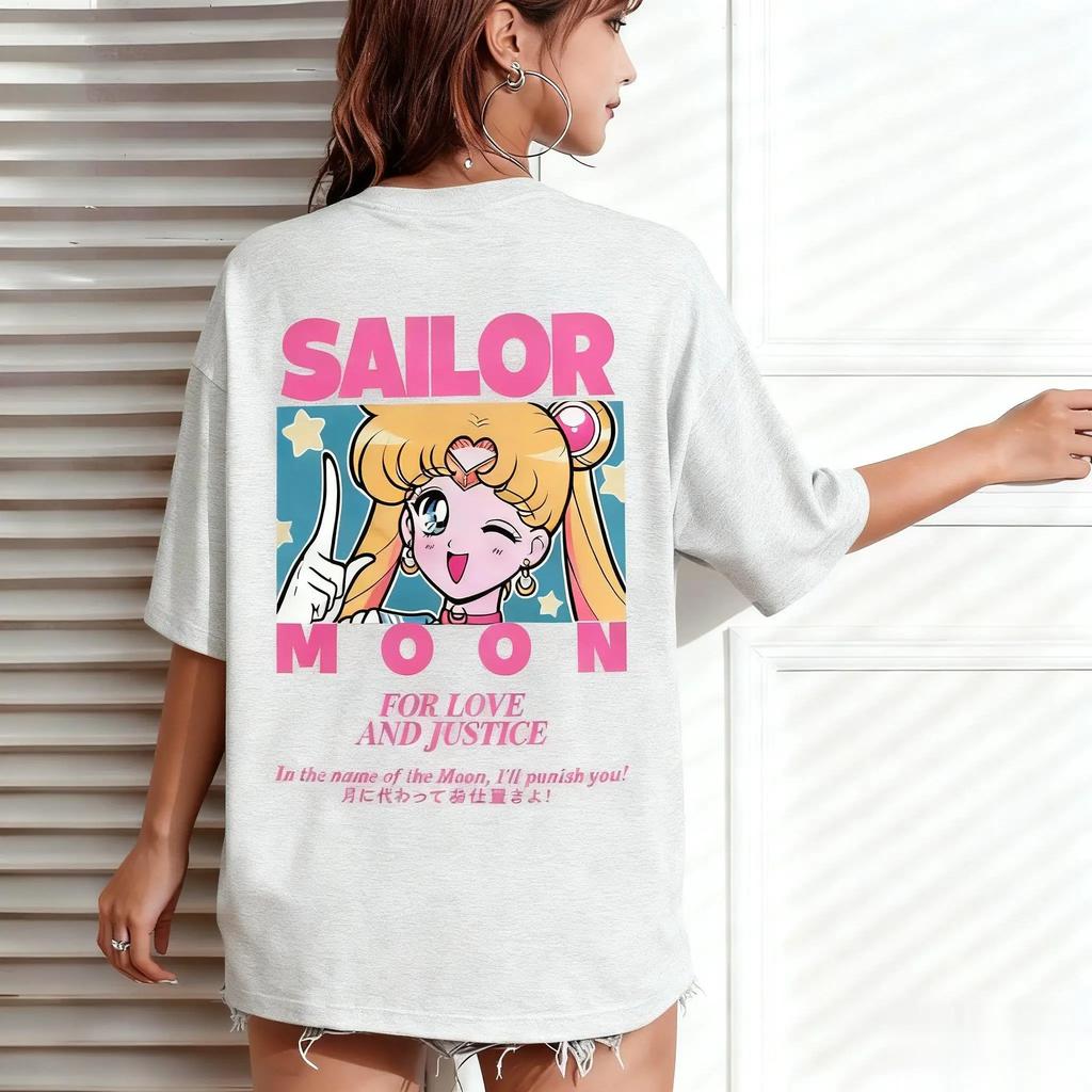 Sailor Moon Classic Quote Print T-Shirt | "For Love and Justice" Anime Tee | Unisex Oversized Cotton Short Sleeve Top | Y2K Retro Streetwear