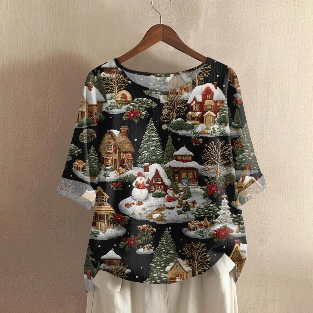 Women's Fashionable And Casual Shirt Half-sleeve Round Neck Print Cotton And Linen Blouse Top
