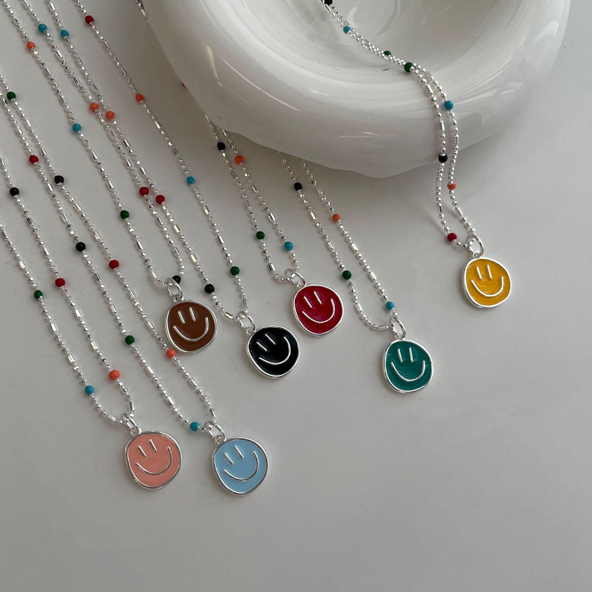 

Sterling Silver Enamel Smiley Face Necklace - Colorful Irregular Round Pendant