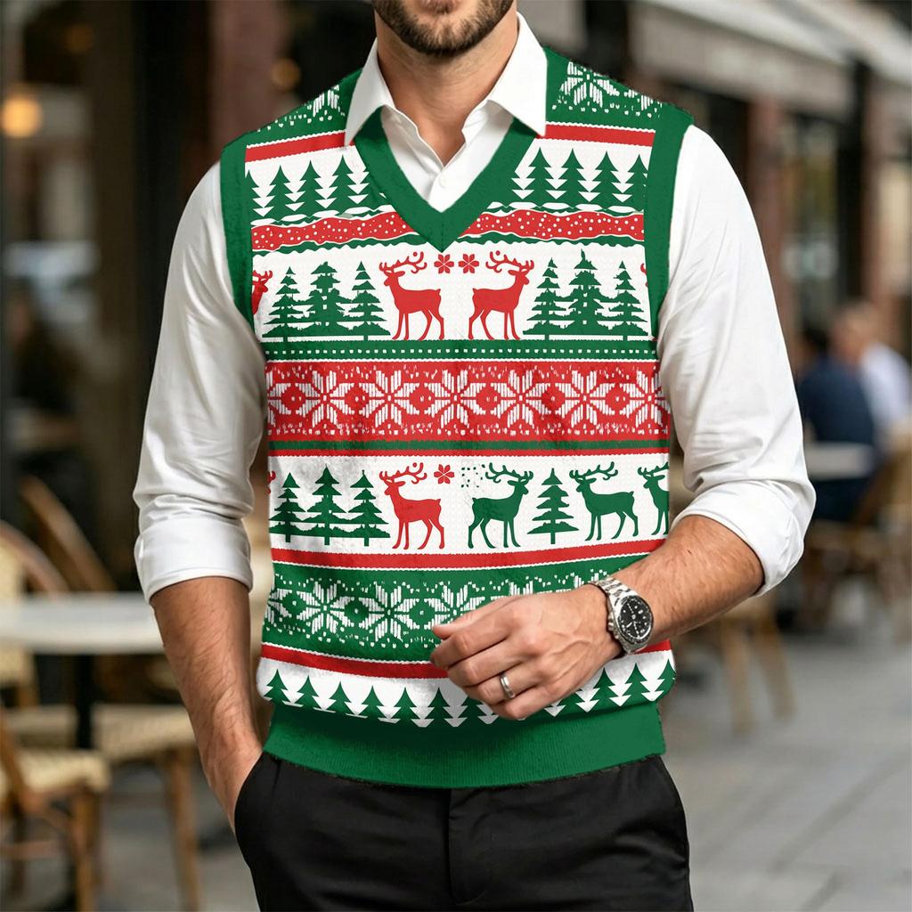 Men's Casual V-Neck Wool Knit Sweater Vest with Christmas Print