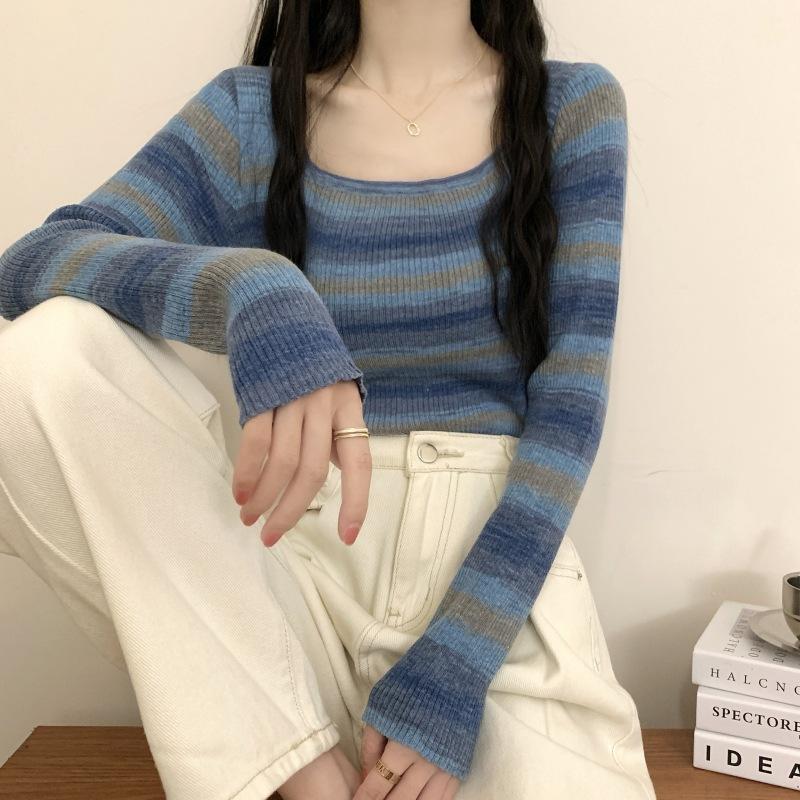 Contrasting Striped Square Neck Knitted Bottom Shirt Women's Spring Slim Skinny Inner Top Versatile Sweater