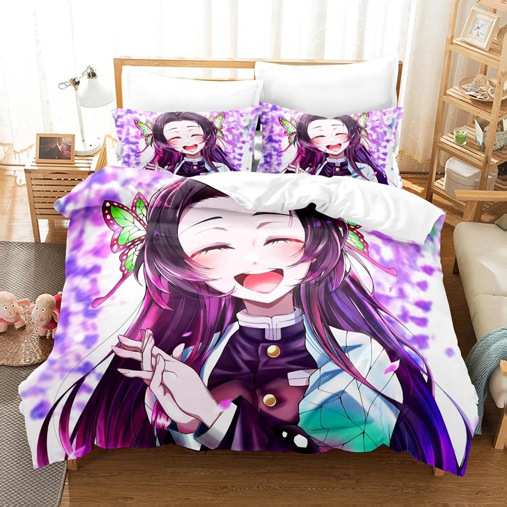 Kochou Shinobu Bedding Sets Anime Demon Slayer Comforter Bed Cover Duvet Cover Pillow Case Twin Single Queen King Teens Gifts