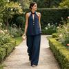 Versatile Women Outfit Summer 2 Piece Sets for Women, Halter V Neck Backless Top Breathable Fabric Suit And Wide Leg Pants Matching Set, Casual