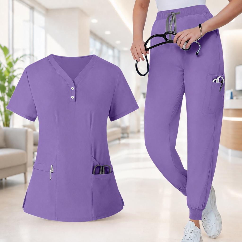 Set Uniforme da Lavoro da Donna - Top a Maniche Corte con Scollo a V ad Asciugatura Rapida con Tasche e Pantaloni Lunghi, Colore