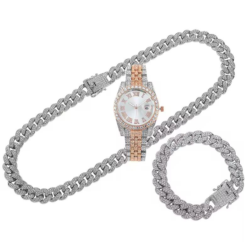 Bling Fully Iced Out Quartz Watch Necklace Bracelet Set Silver Gold Plated 13mm Chain Diamond Pointer Dial Men's