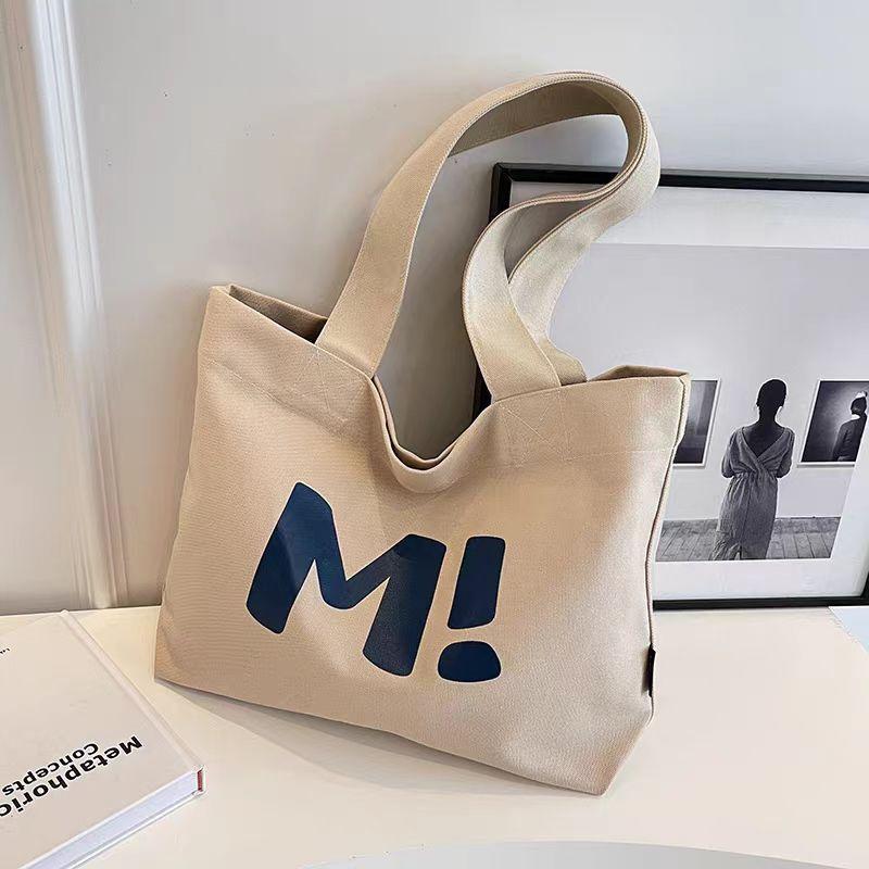 Beige Canvas Tote Bag With Cute Letter Print Large Capacity For Commute School Work Shopping