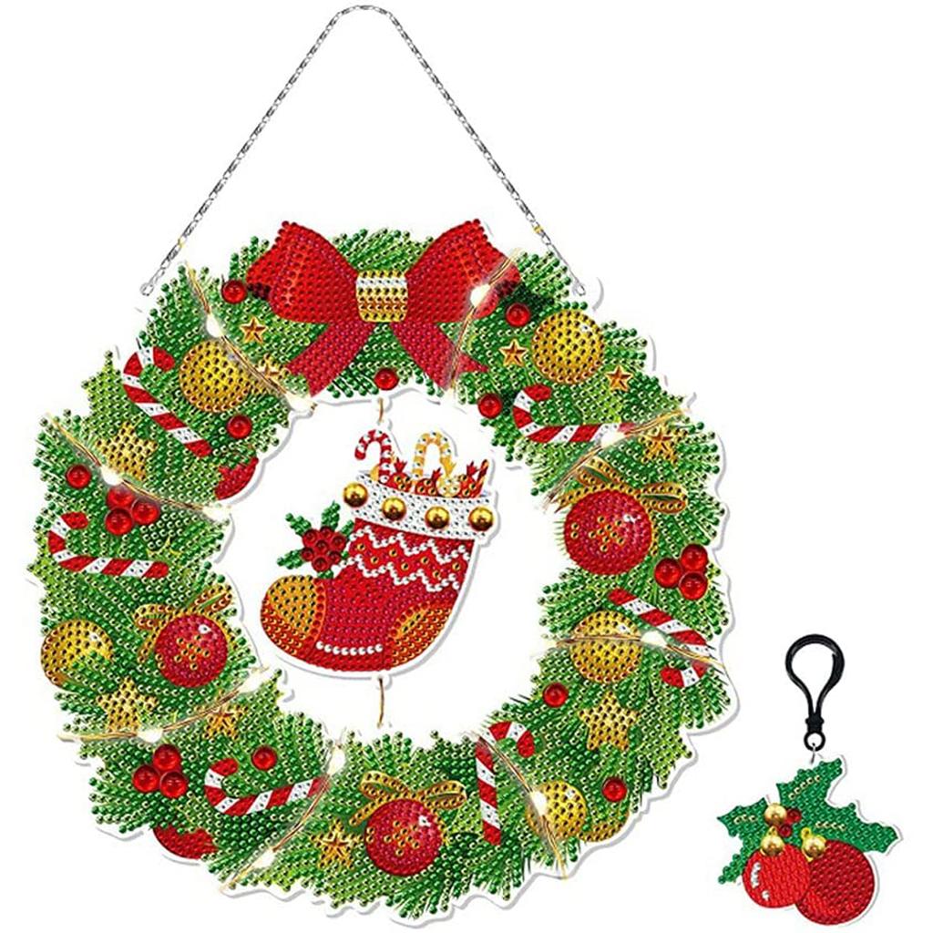 Weihnachtskranz-Set zum Aufhängen, 5D-Diamantmalerei zum Selbermachen, mit LED-Licht, Diamant-Malbild mit hängender Kette, dekoratives Licht