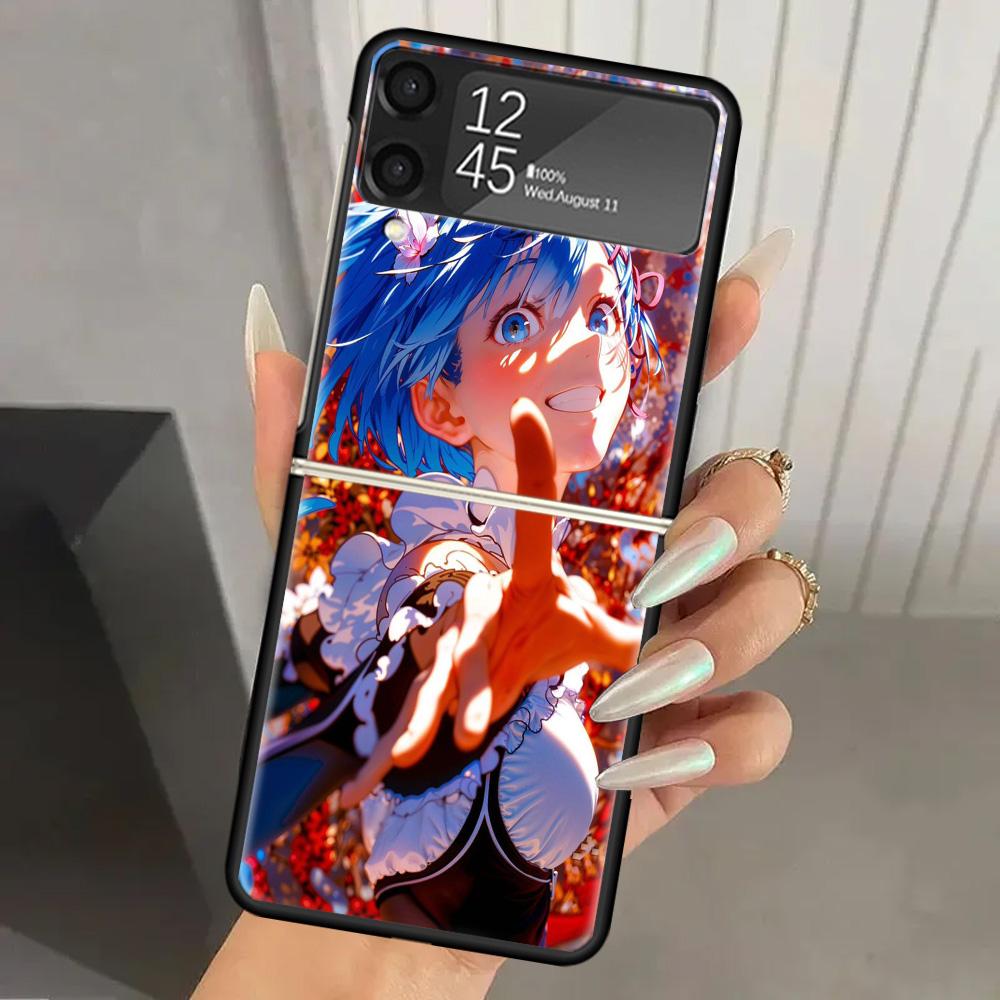 R-Rem Re Zero Anime Hard PC Phone Case For Samsung Galaxy Z Flip 7 6 5 4 3 Black ZFlip7 ZFlip6 Flip5 Flip4 Flip3 5G Print Cover