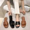 Cool slippers women's summer wear fashion sense metal buckle half slippers soft leather square head flat bottom beach one-word slippers
