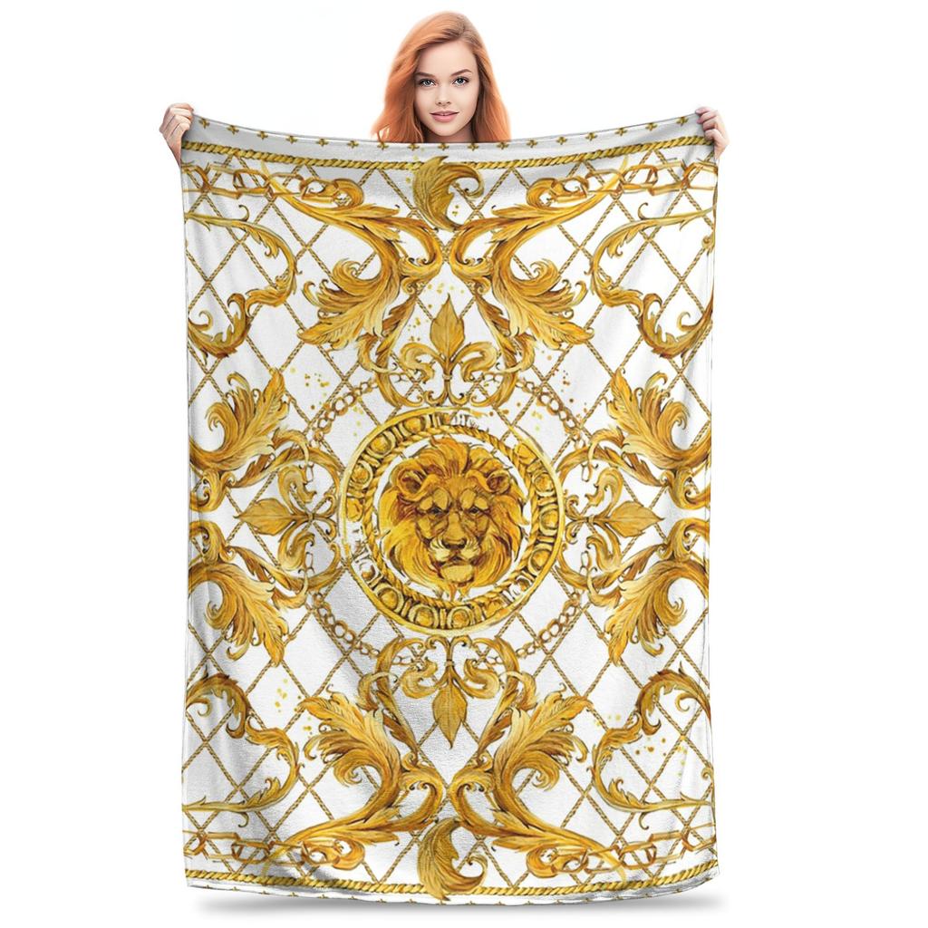 Flannel Throw Blanket Golden Lion Baroque Seamless Pattern Water Color Warm Blankets Bedspread for Bed Living room Travel Couch