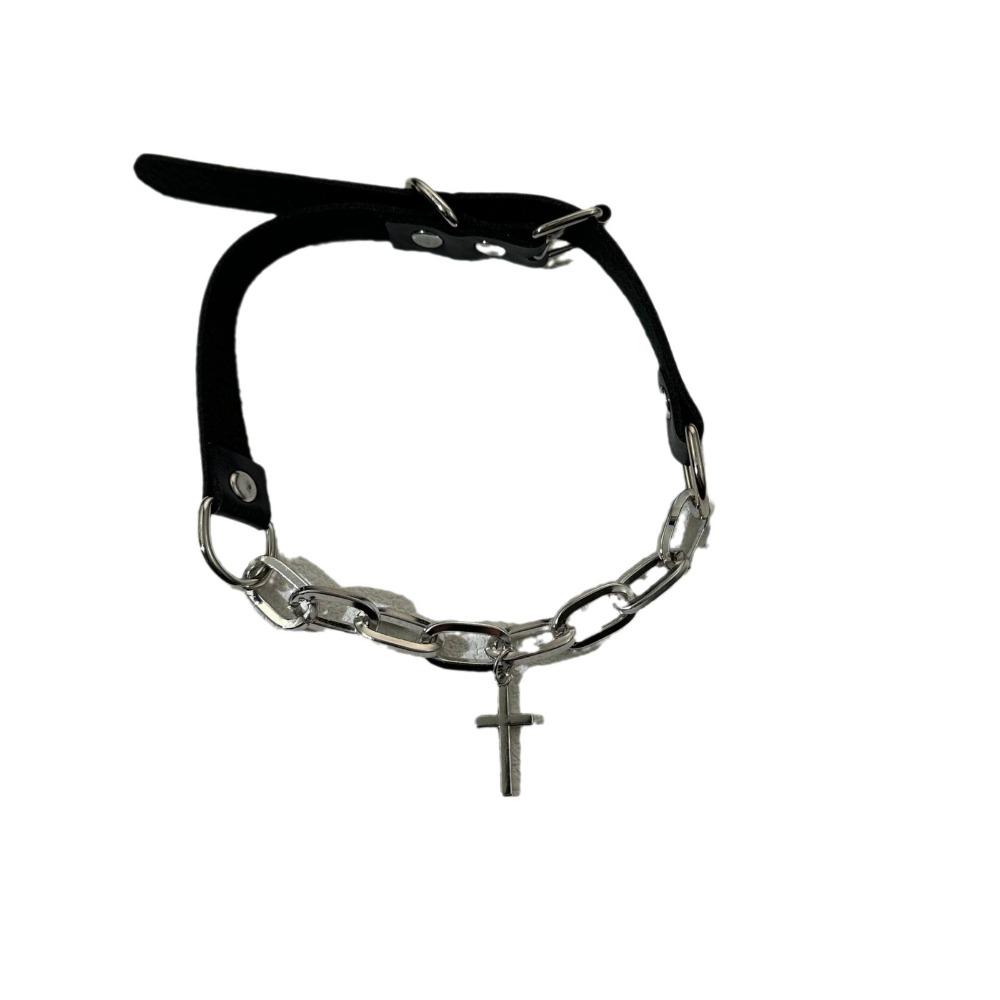 Punk Personality Sliver Color Cross Pendant Black Leather Splicing Collar Necklace for Women Gothic Subculture Jewelry Accessory
